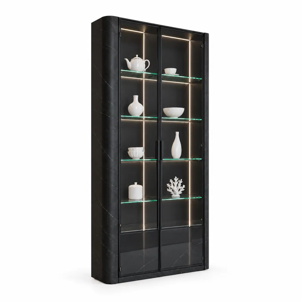 3D model of a tall glass display cabinet with lit shelves
