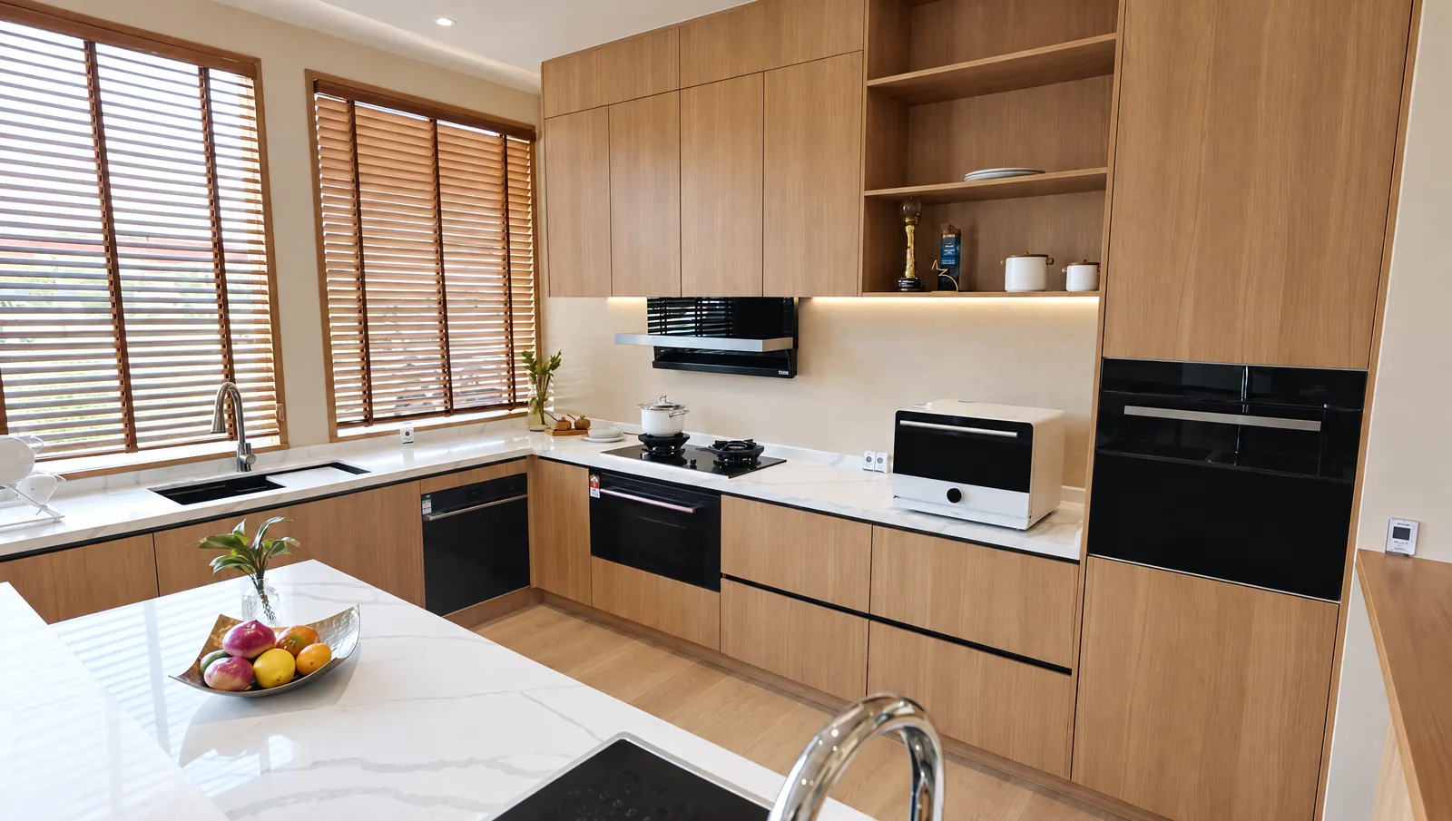 Real Cabchen showroom kitchen: oak-look cabinets, open shelves, built-in ovens, timber blinds and a white quartz island