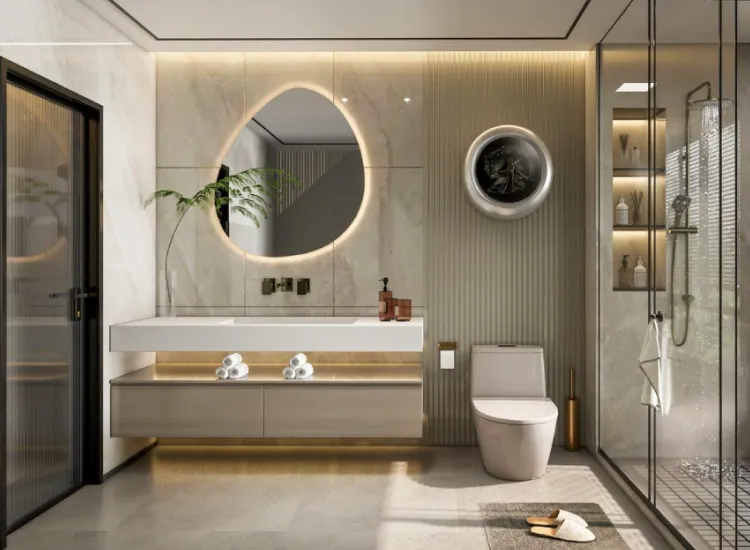 Design render: bathroom with floating vanity and backlit pebble mirror