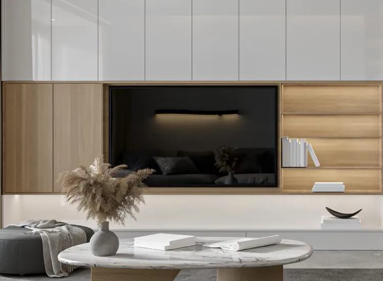Design render: white and oak TV wall cabinetry