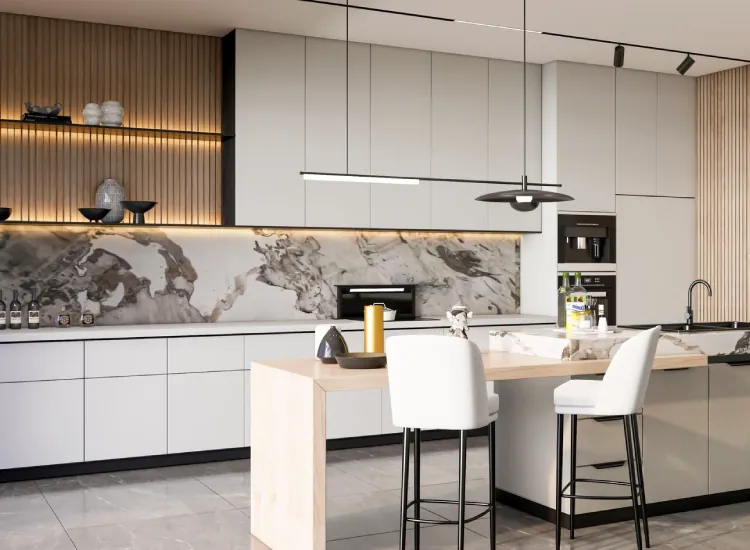 Design render: light kitchen with marble backsplash and timber breakfast bar