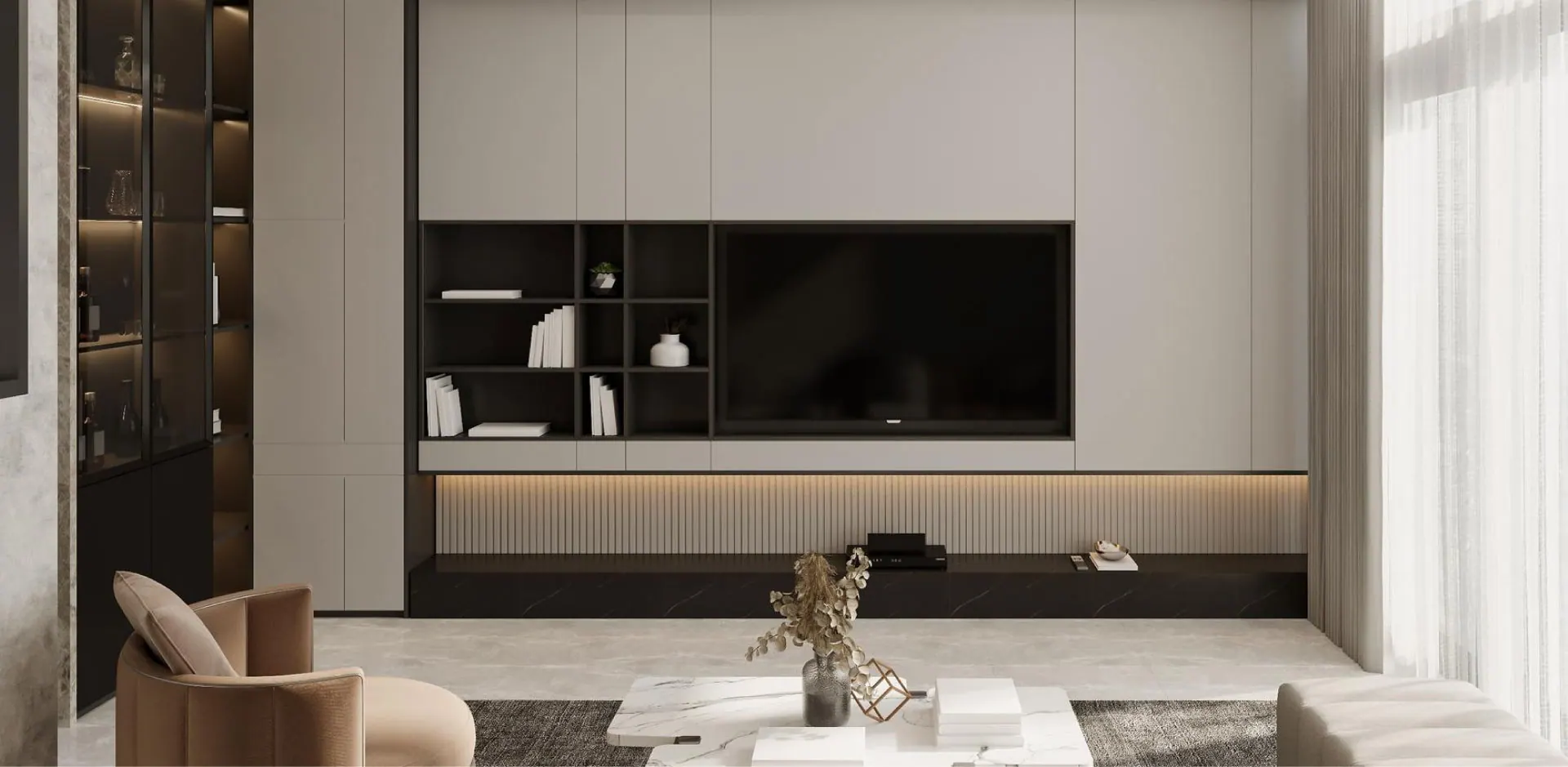 Design render: greige TV wall with black open shelving
