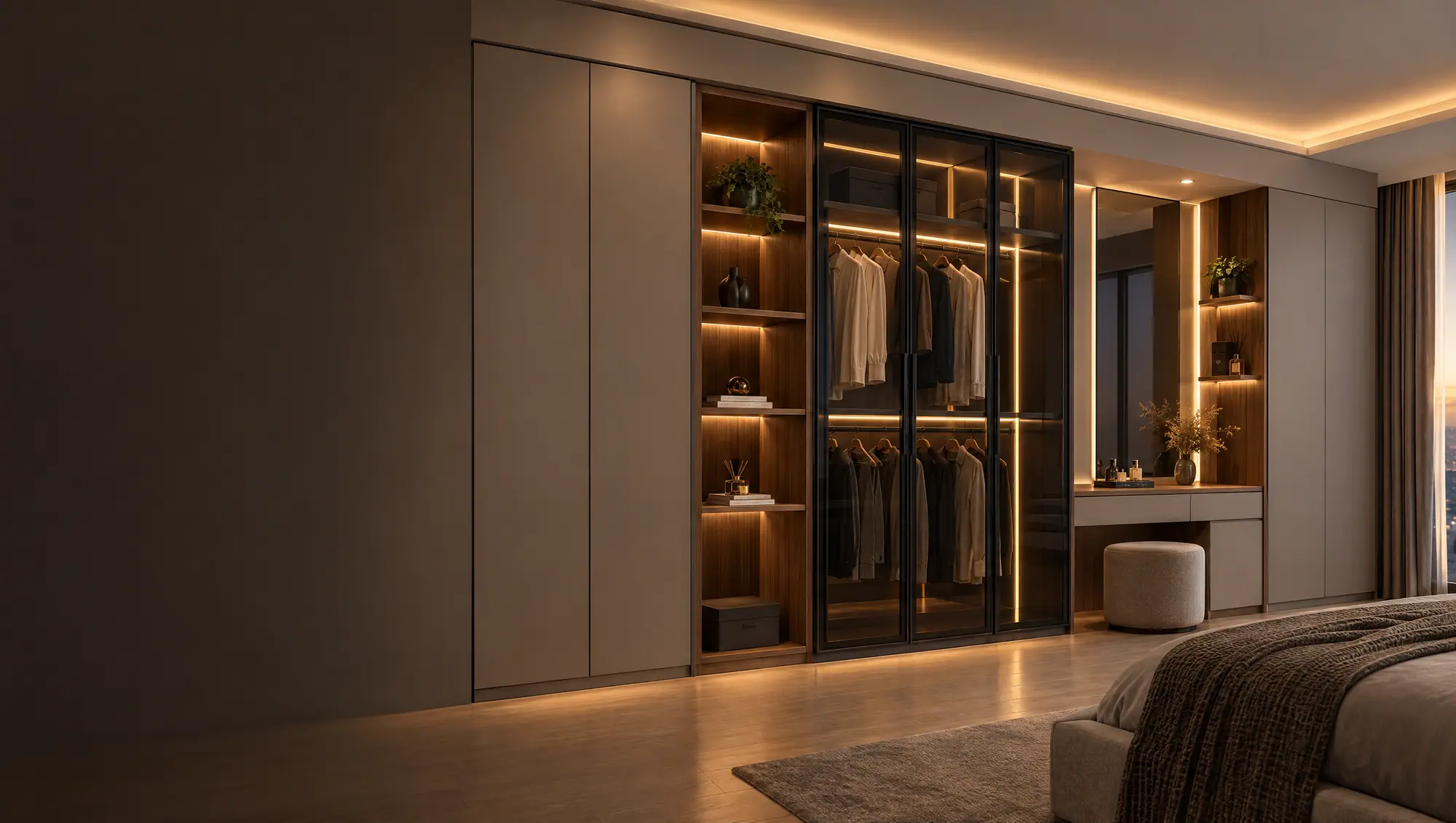 Built-in wardrobe with walnut shelves and glass doors (AI visualisation)